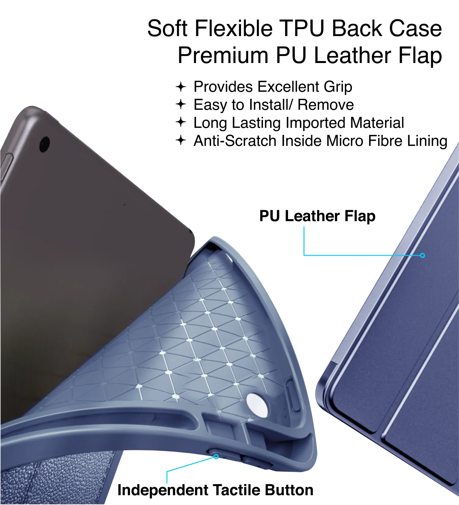 Vegan Leather Rugged Flexible TPU Slim Intelligent Protective Case For Apple iPad 10.2 Inch [9th Gen 2021], [8th Gen 2020], [7th Gen 2019] Apple iPad Air 10.5 Inch [3rd Gen 2019] [Apple Pencil Slot], Azure Blue