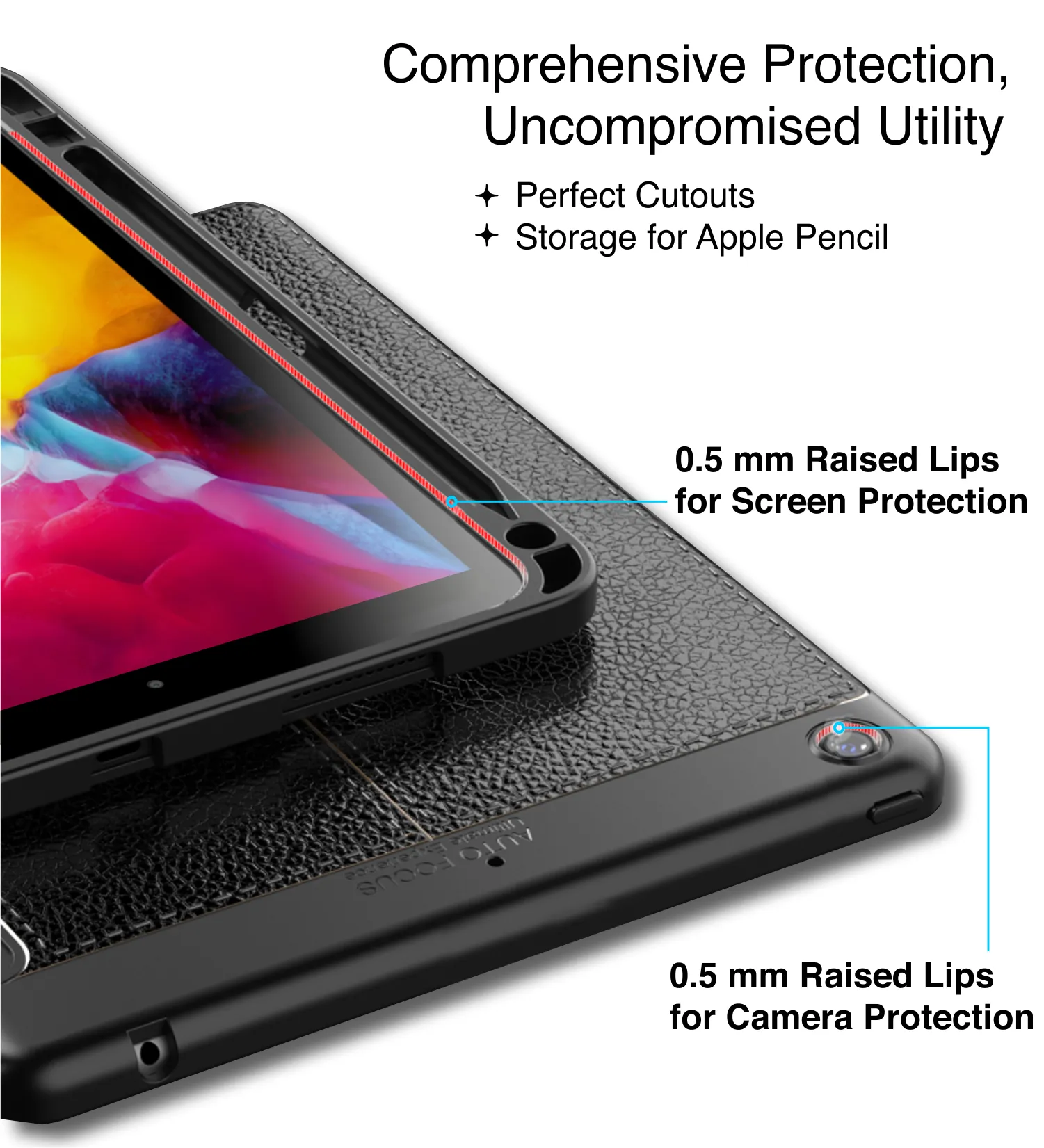 Vegan Leather Rugged Flexible TPU Slim Intelligent Protective Case For Apple iPad 10.2 Inch [9th Gen 2021], [8th Gen 2020], [7th Gen 2019] Apple iPad Air 10.5 Inch [3rd Gen 2019] [Apple Pencil Slot], Real Black