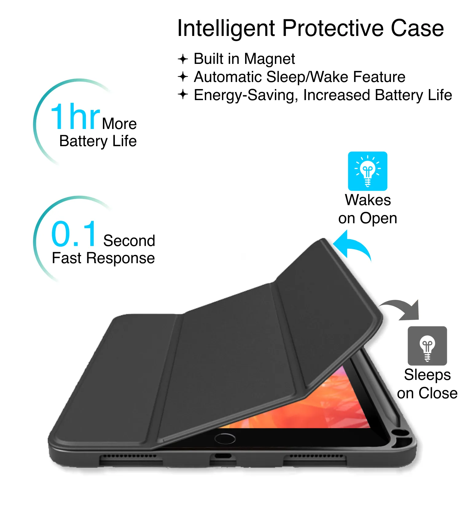 Vegan Leather Rugged Flexible TPU Slim Intelligent Protective Case For Apple iPad 10.2 Inch [9th Gen 2021], [8th Gen 2020], [7th Gen 2019] Apple iPad Air 10.5 Inch [3rd Gen 2019] [Apple Pencil Slot], Real Black