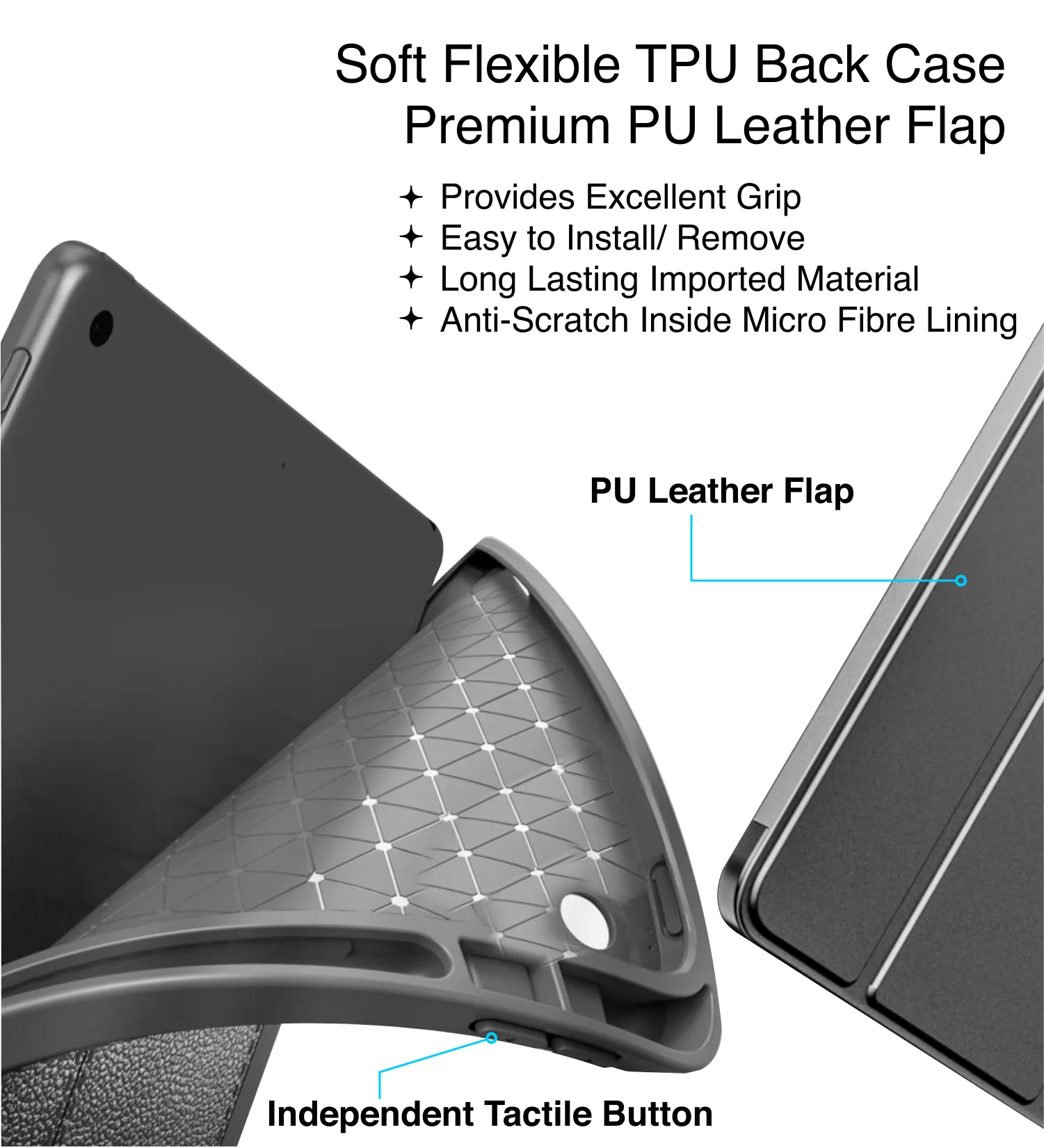 Vegan Leather Rugged Flexible TPU Slim Intelligent Protective Case For Apple iPad 10.2 Inch [9th Gen 2021], [8th Gen 2020], [7th Gen 2019] Apple iPad Air 10.5 Inch [3rd Gen 2019] [Apple Pencil Slot], Real Black