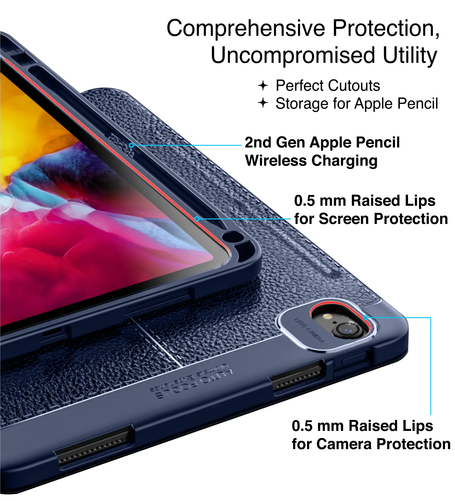 Vegan Leather Rugged Flexible TPU Slim Intelligent Protective Case For Apple iPad Pro 11 Inch [2018], Apple iPad Air 10.9 Inch [4th Gen 2020], Apple iPad Air 10.9 Inch [5th Gen 2022] [Apple Pencil Slot], Azure Blue