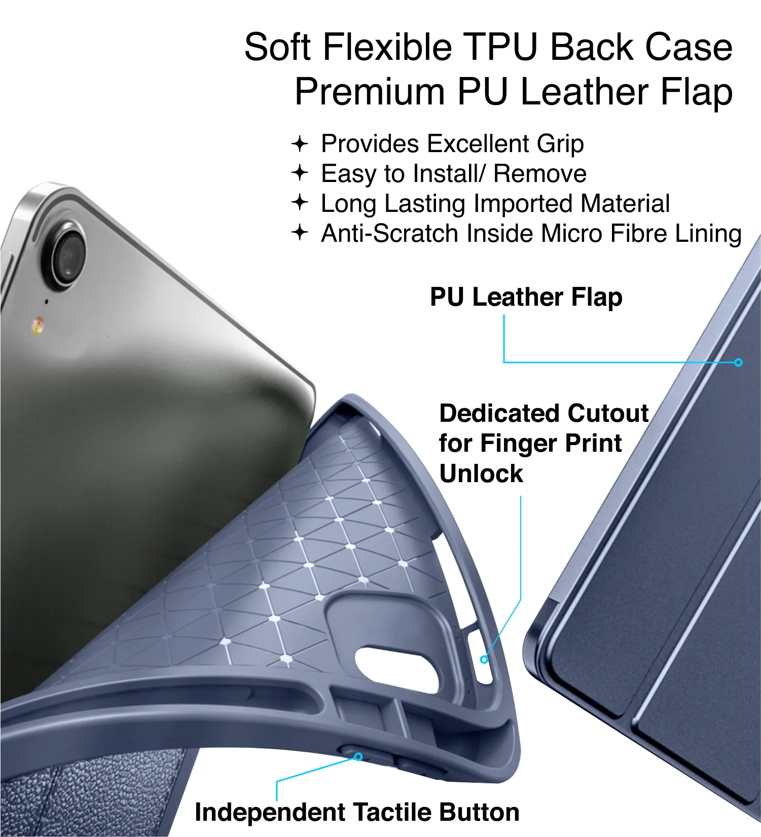 Vegan Leather Rugged Flexible TPU Slim Intelligent Protective Case For Apple iPad Pro 11 Inch [2018], Apple iPad Air 10.9 Inch [4th Gen 2020], Apple iPad Air 10.9 Inch [5th Gen 2022] [Apple Pencil Slot], Azure Blue