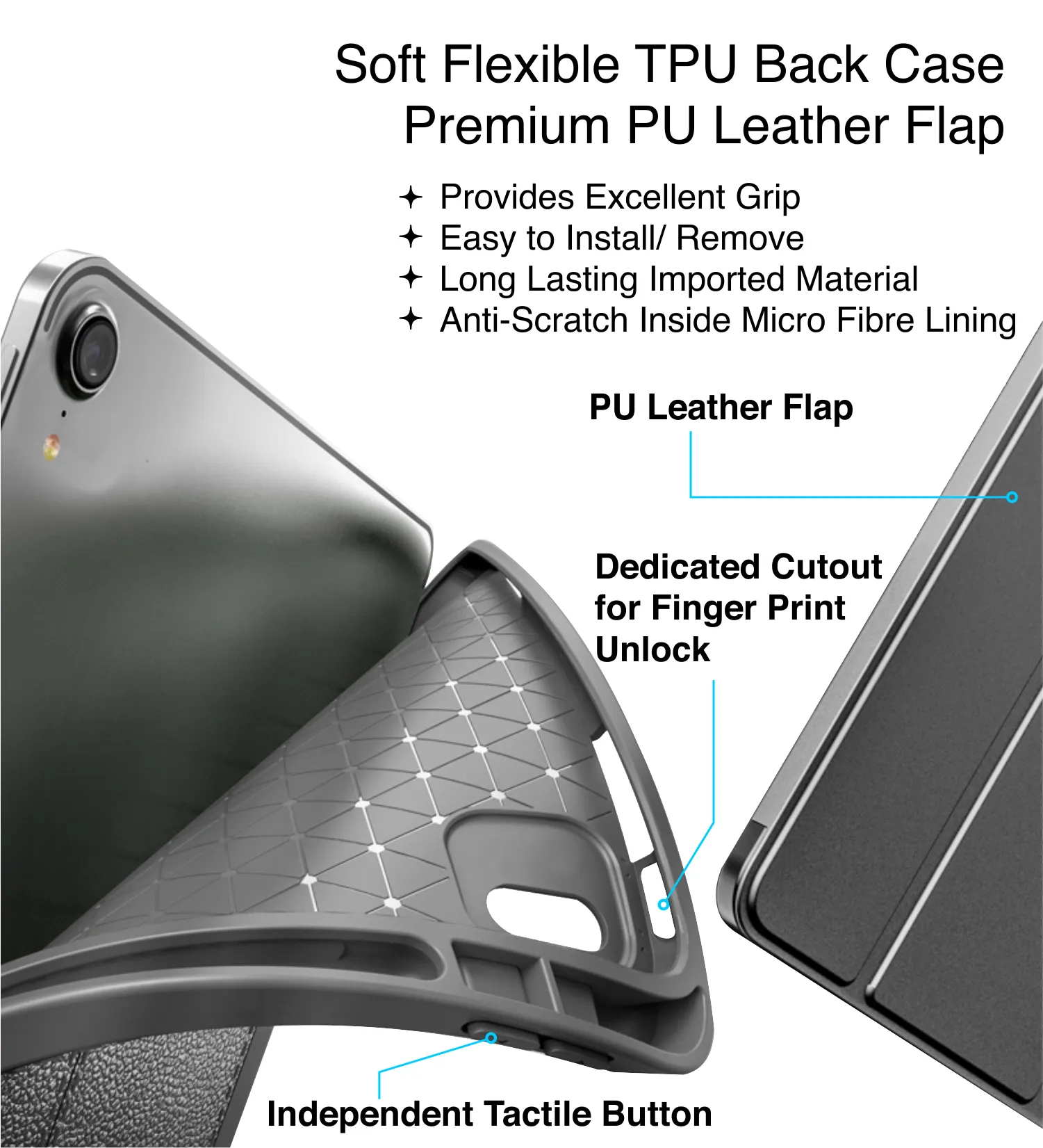 Vegan Leather Rugged Flexible TPU Slim Intelligent Protective Case For Apple iPad Pro 11 Inch [2018], Apple iPad Air 10.9 Inch [4th Gen 2020], Apple iPad Air 10.9 Inch [5th Gen 2022] [Apple Pencil Slot], Real Black