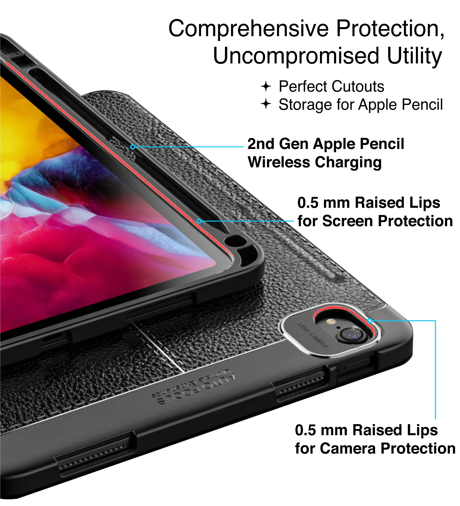 Vegan Leather Rugged Flexible TPU Slim Intelligent Protective Case For Apple iPad Pro 11 Inch [2018], Apple iPad Air 10.9 Inch [4th Gen 2020], Apple iPad Air 10.9 Inch [5th Gen 2022] [Apple Pencil Slot], Real Black