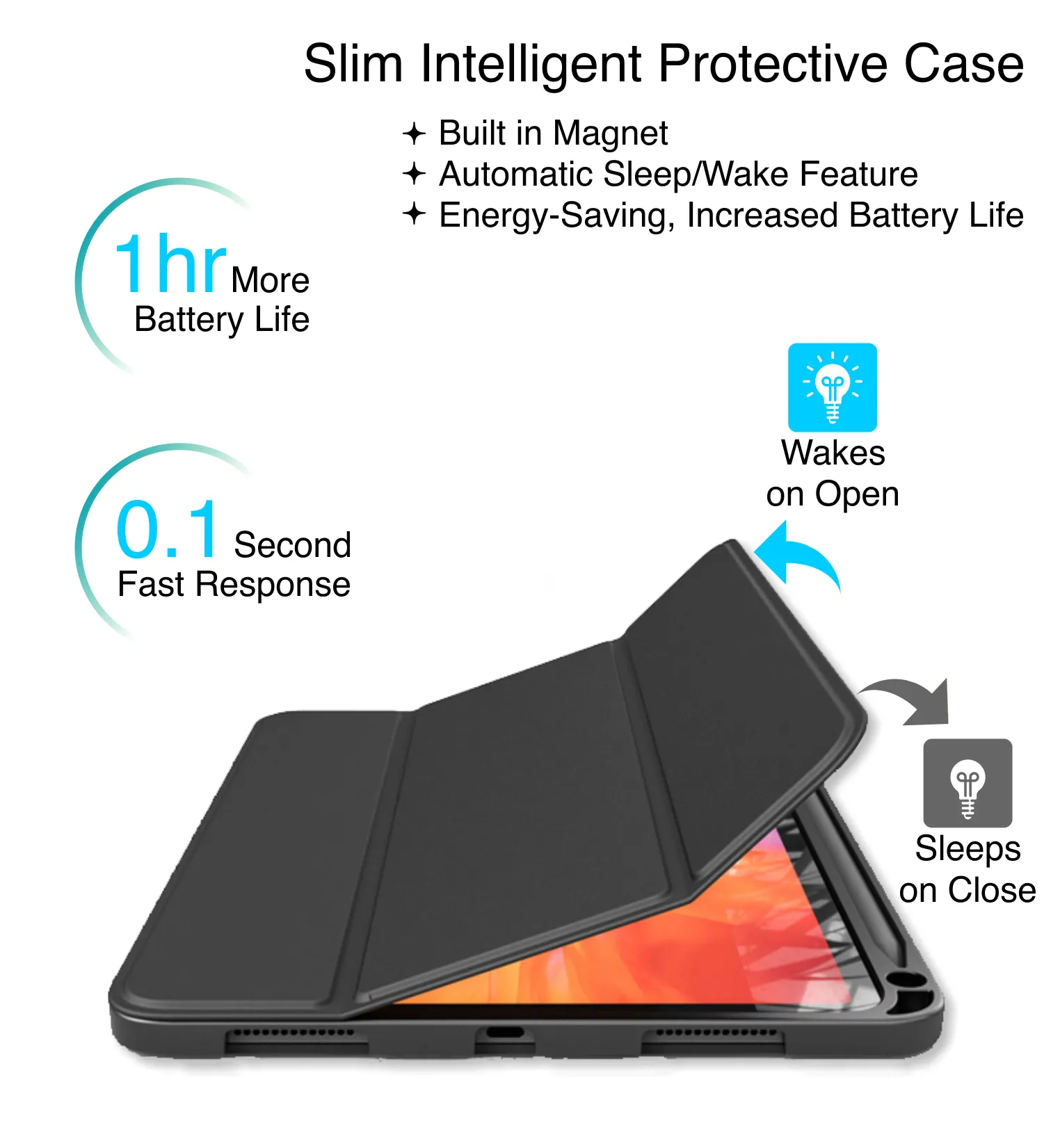 Vegan Leather Rugged Flexible TPU Slim Intelligent Protective Case For Apple iPad Pro 11 Inch [2018], Apple iPad Air 10.9 Inch [4th Gen 2020], Apple iPad Air 10.9 Inch [5th Gen 2022] [Apple Pencil Slot], Real Black
