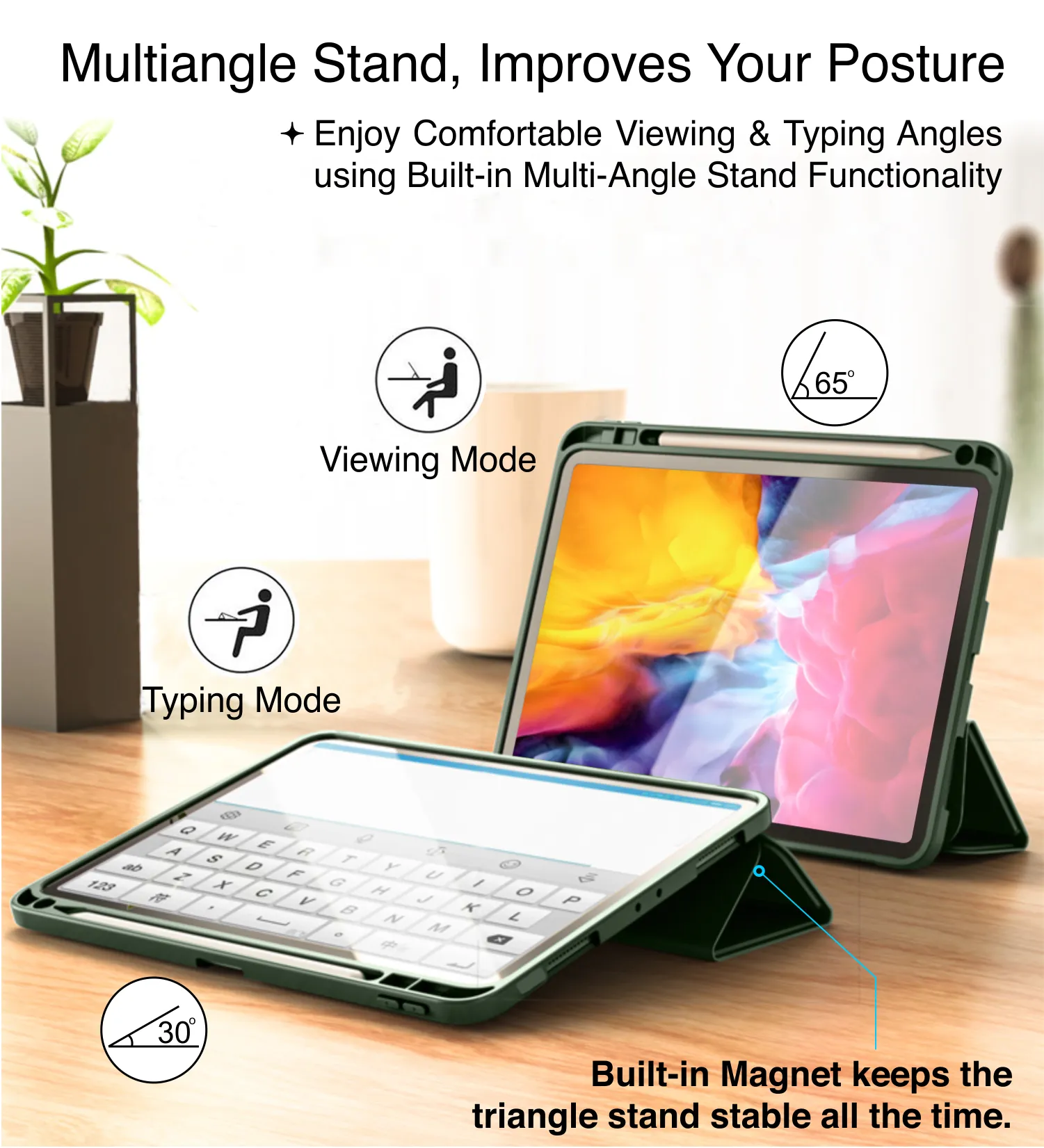Vegan Leather Rugged Flexible TPU Slim Intelligent Protective Case For Apple iPad Pro 11 Inch [2018], Apple iPad Air 10.9 Inch [4th Gen 2020], Apple iPad Air 10.9 Inch [5th Gen 2022] [Apple Pencil Slot], Tea Green