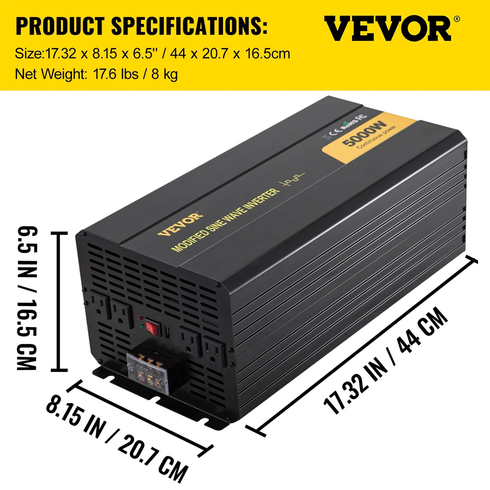 VEVOR Power Inverter, 5000W Modified Sine Wave Inverter, DC 12V to AC 120V Car Converter with LCD Remote Controller