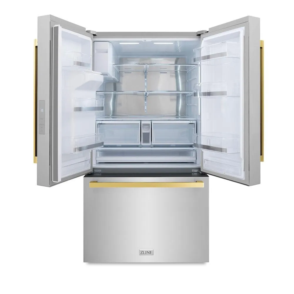 ZLINE Autograph Edition 36 in. 28.9 cu. ft. Standard-Depth French Door External Water Dispenser Refrigerator with Dual Ice Maker in Fingerprint Resistant Stainless Steel and Polished Gold Modern Handles (RSMZ-W-36-FG)