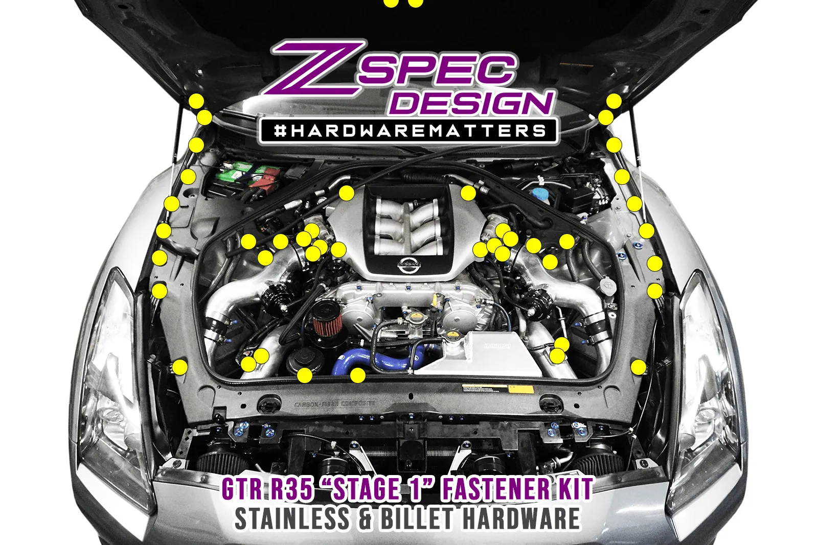 ZSPEC "Stage 1" Dress Up Bolts® Fastener Kit for '09-23 Nissan GTR (R35), Stainless & Billet
