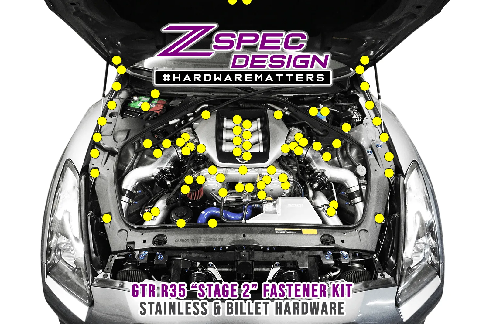ZSPEC "Stage 2" Dress Up Bolts® Fastener Kit for '09-23 Nissan GTR (R35), Stainless & Billet